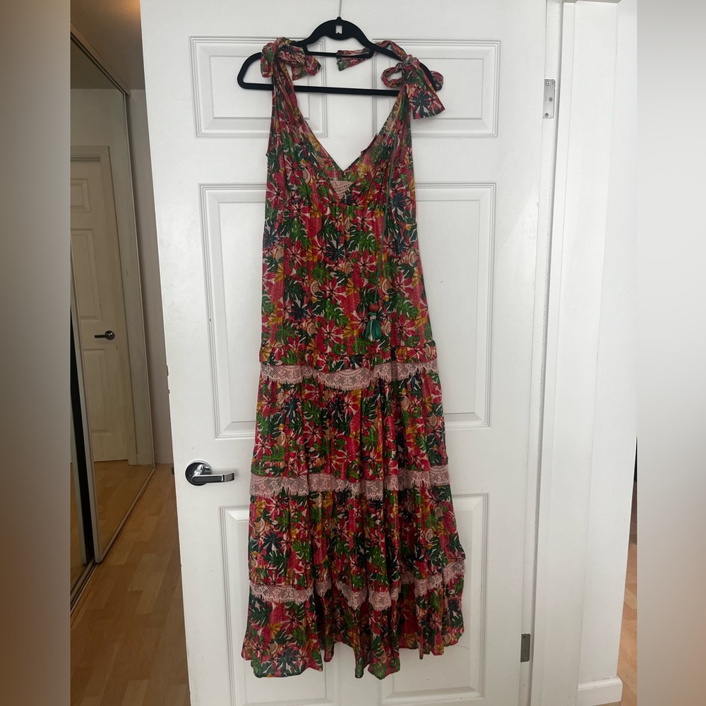 Pink Floral Tie Strap Dress with Lace Tiers